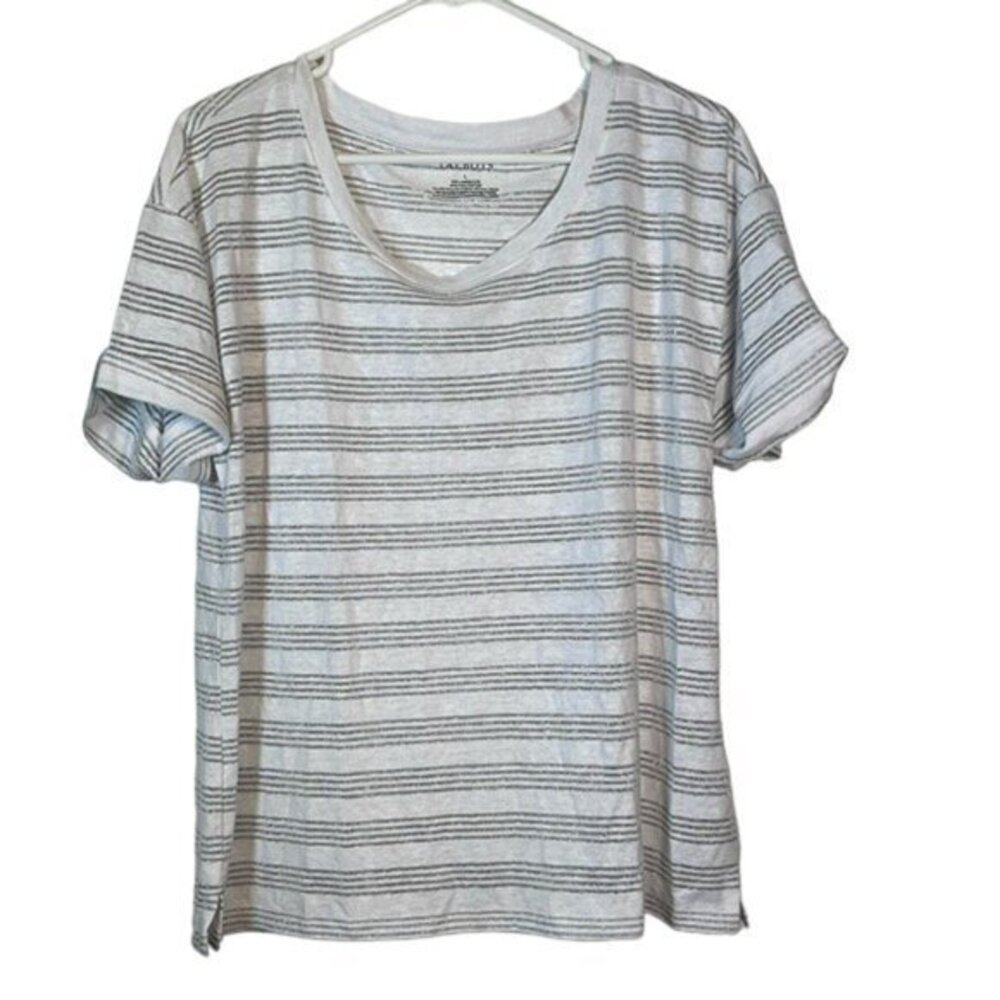 Talbots Linen Blend White Silver Cuff Sleeve Round Neck Shirt Large EUC #0928-AZ